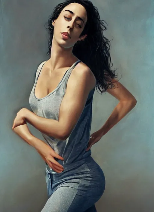 Image similar to full length photo of a very sweeting Oona Chaplin in a tanktop in the style of stefan kostic, full slim body, not realistic, sharp focus, 8k high definition, insanely detailed, intricate, elegant, art by stanley lau and artgerm