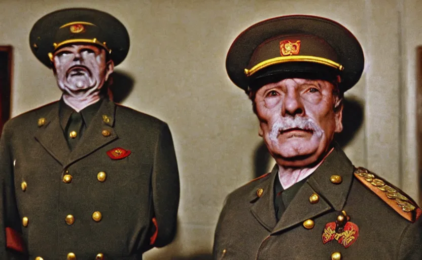 Image similar to 50s movie still close-up portrait of Ron Perlamn in a generals suit with General's cap in a empty stalinist hall with a bust of Marx, by David Bailey, Cinestill 800t 50mm eastmancolor, heavy grainy picture, very detailed, high quality, 4k, HD criterion, precise texture and facial expression