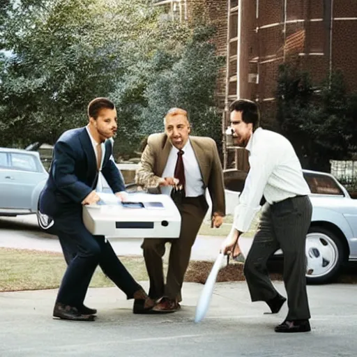 Image similar to three men in business casual outfits beating the shit out of a printer with a baseball bat, movie still, outside, sunny day