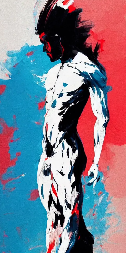 Image similar to abstract flowing brush strokes, stylized, torso of one!!! athletic man posing dramatically with no face in the center of the frame, by conrad roset, dark background, painting trending on artstation