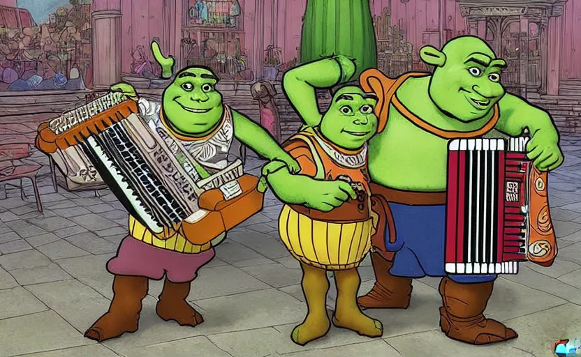 Prompt: shrek competes with spongebob in an accordion contest, highly details, by moebius, digital painting