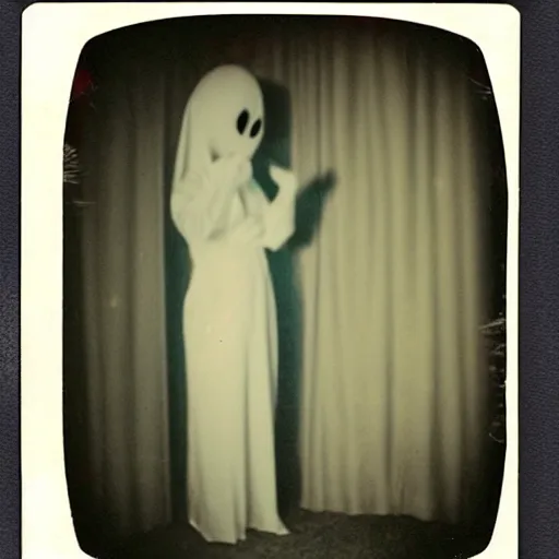 Prompt: Creepy ghost in motel room, red carpet | vintage scratched polaroid photo
