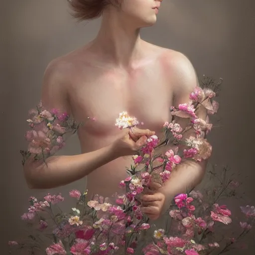 Image similar to a floral human, self - portrait!!!!, beautiful photorealistic imagery, soft lighting, soft atmosphere, 4 k, 8 k, trending on artstation, cgsociety contest winner, illustrated by greg rutkowski and shot by jimmy nelson