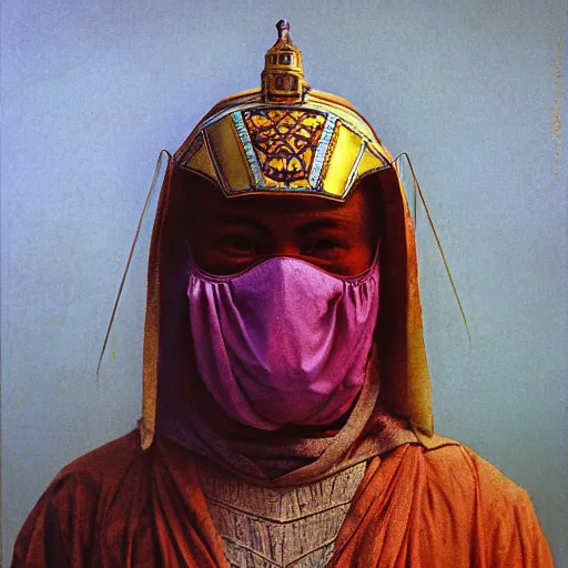 Image similar to portrait of masked Byzantine Tang Dynasty dancer on the art deco streets of the Undying Empire city of ya-Sattra during the Festival of Masks, award-winning realistic sci-fi concept art by Beksinski, Bruegel, Greg Rutkowski, Alphonse Mucha, and Yoshitaka Amano