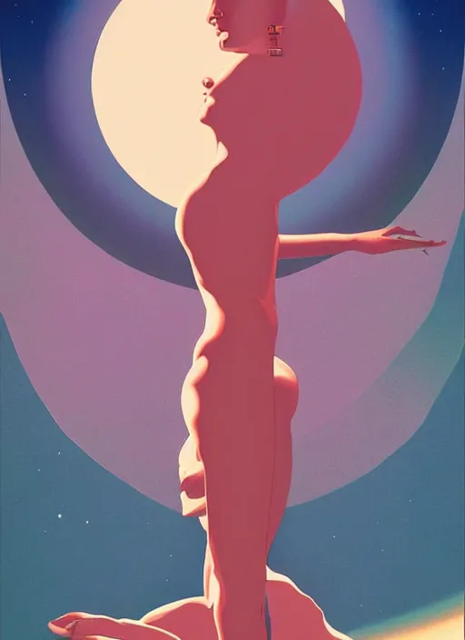 Image similar to poster artwork by michael whelan and tomer hanuka, portrait of beautiful sensual dancer in the clouds of jupiter, clean, art deco