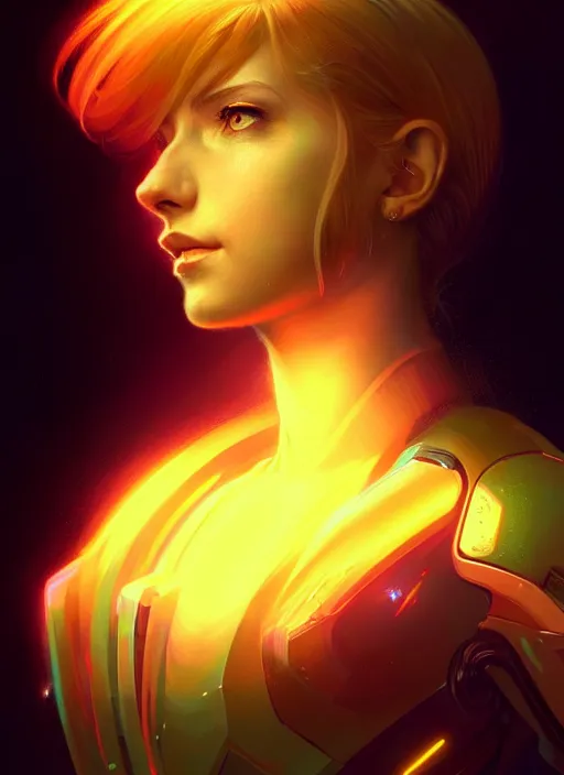 Prompt: portrait of samus aran, intricate, elegant, glowing lights, highly detailed, digital painting, artstation, concept art, smooth, sharp focus, illustration, art by wlop, mars ravelo and greg rutkowski