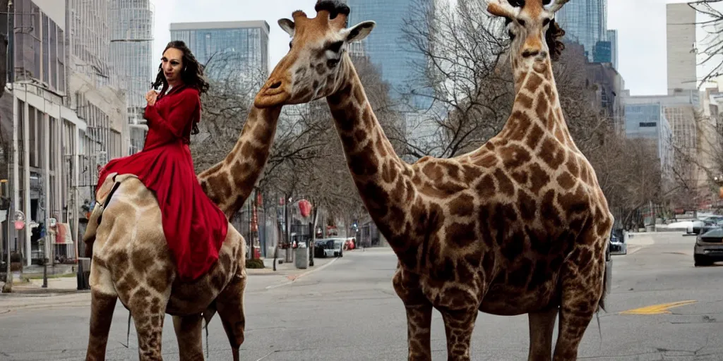 Image similar to gal gadot, in a red victorian era dress, rides on the back of a huge giraffe necked albino elk as it walks thru the deserted streets of downtown cleveland