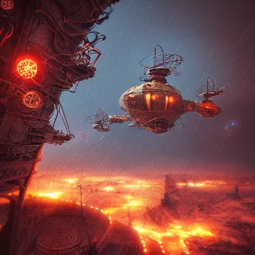 Image similar to a flying steampunk fortress, intricate, behrens style, octane render, fantasy digital art, beautiful composition, trending on artstation, night, meteors, red lightning!!!, red lightning, red lightning, dramatic lighting, snowstorm, eldritch