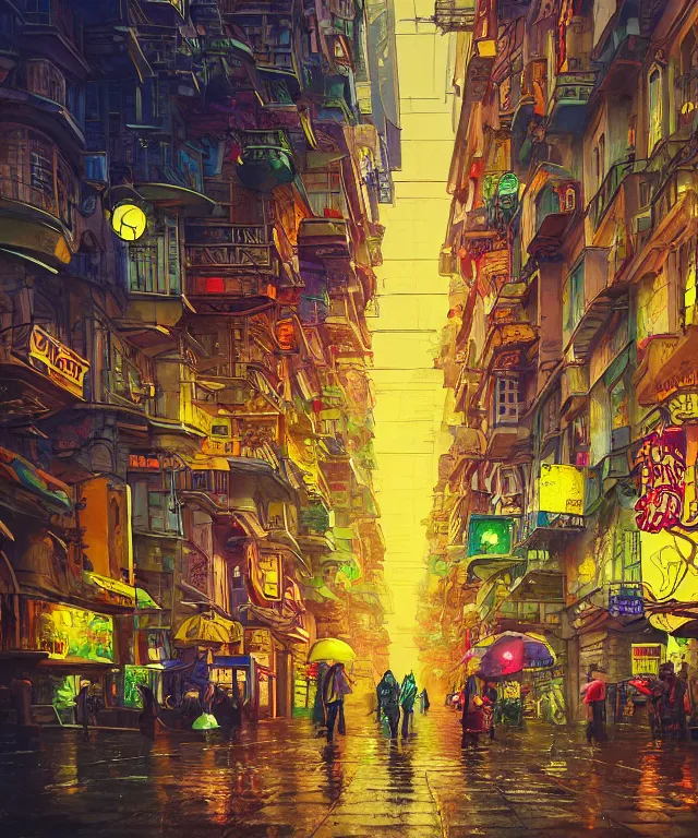 Prompt: insane perspective of colorful street vue from cyberpunk prague, intricate details, realistic shaded , humid ground, highly detailed, artstation, painting by François Schuiten and moebius, disney fantasy style, people and creatures walking, volumetric light, neon lights, rainy mood