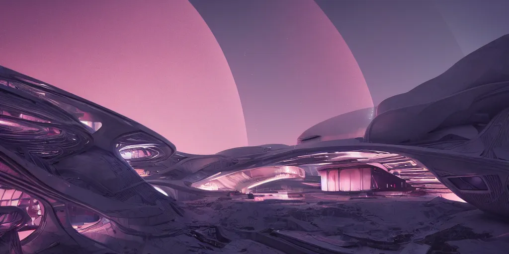 Image similar to futuristic space station in the mountains, cinematic lighting, intricate details, octane rendering, zaha hadid building, cinematic matte, pink sunset, falling snow, monochrome colors, trending on artstation, featured on behance