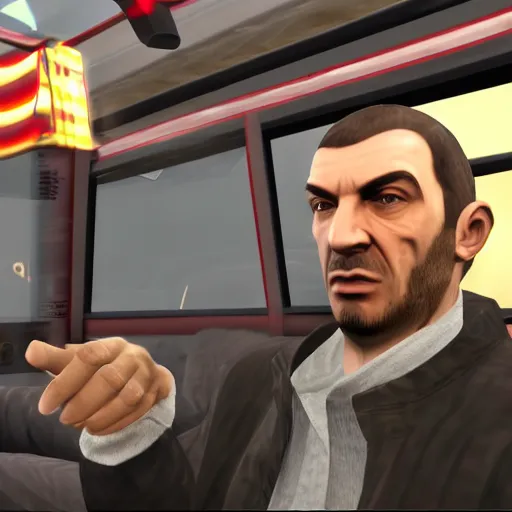 Image similar to niko bellic driving a bus in 4 k