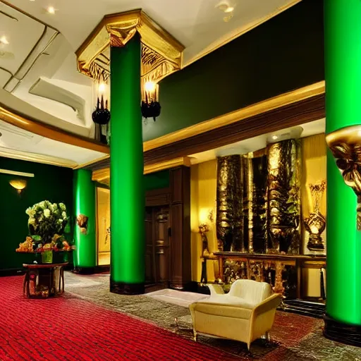 Prompt: a lavish hotel lobby with emerald colored walls with golden accents on them and red carpet