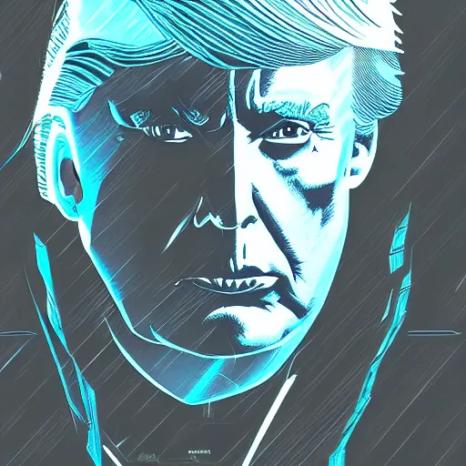 Image similar to cyberpunk donald trump, sharp lines, digital, artstation, colored in