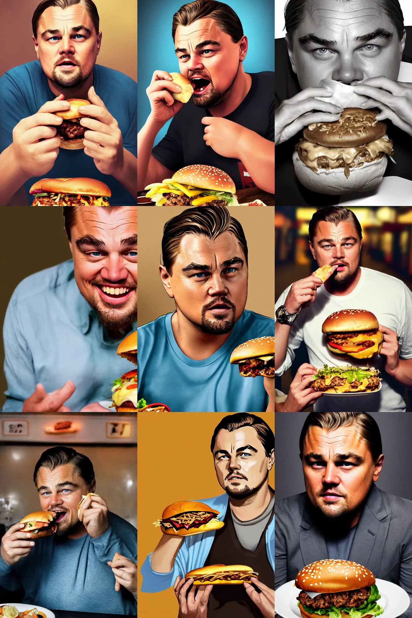 Prompt: very fat with thick cheeks Leonardo DiCaprio eating big hamburger in Miami, voracious, diet failure, photorealistic, artstation, 8k, 35mm, portrait, studio light