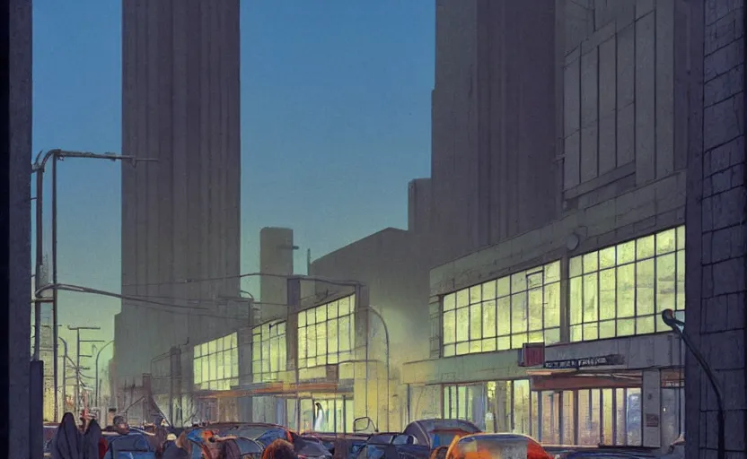 Prompt: a brutalism streetcorner environment, large crowd, simplicity, spare, minimalist, glass panes, billboards, glowing lights, dramatic lighting, photorealism, unreal engine, art by michael whelan and chris moore and howard david johnson and tim white and dan giancola