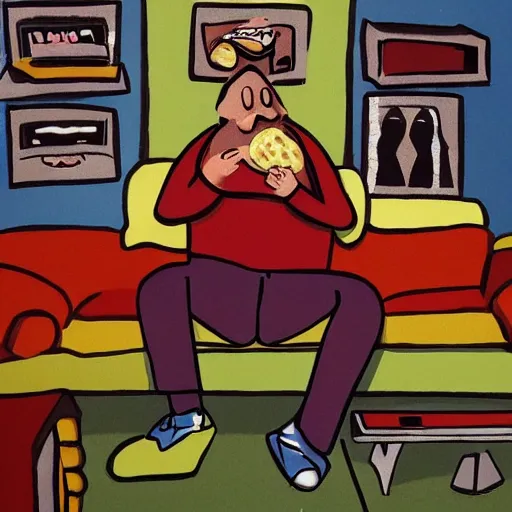 Prompt: Guy who fart while watching TV, junk foods, by Philippe Vuillemin