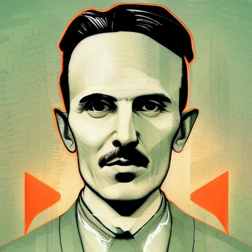 Image similar to majestic futuristic visionary inventor nikola tesla profile picture by sachin teng, masterpiece, organic painting, matte painting, technical geometrical drawing shapes, lightning electricity coil, hard edges, graffiti, street art by sachin teng