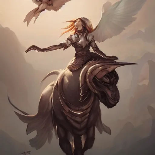 Image similar to Art station concept of a beautiful girl riding a gryphon, symmetrical face, smooth body features, by Stanley Artgerm Lau, WLOP, Rossdraws, James Jean, Andrei Riabovitchev, Marc Simonetti, and Sakimichan, trending on artstation