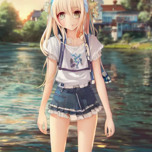 Image similar to a very beautiful anime girl, full body, long blond hair, sky blue eyes, full round face, short smile, mini jeans skirt, cute top, summer lake setting, highly detailed, trending on Artstation, Unreal Engine 4k, cinematic wallpaper by Stanley Artgerm Lau, WLOP, Rossdraws, James Jean, Andrei Riabovitchev, Marc Simonetti, and Sakimichan