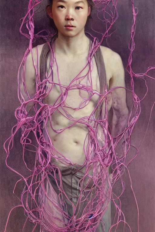 Image similar to hyperrealist portrait of elijah zu bailey, pink, it is decorated with long wires that fall like vines and wears small computers over their body. by jeremy mann and alphonse mucha, fantasy art, photo realistic, dynamic lighting, artstation, poster, volumetric lighting, very detailed faces, 4 k, award winning