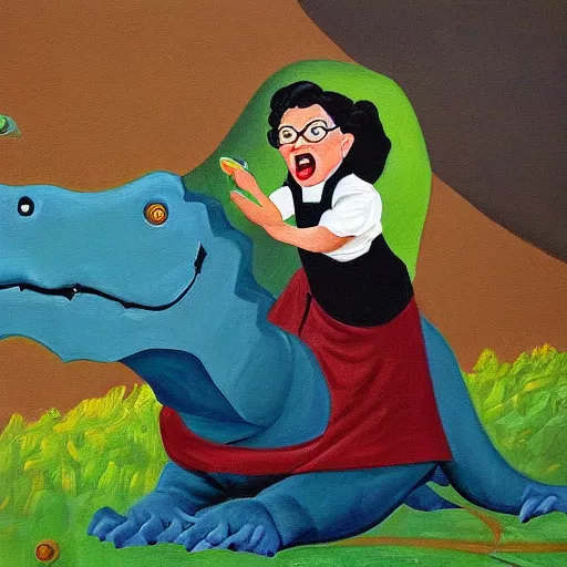 Prompt: postmodern painting of mrs doubtfire riding a dinosaur