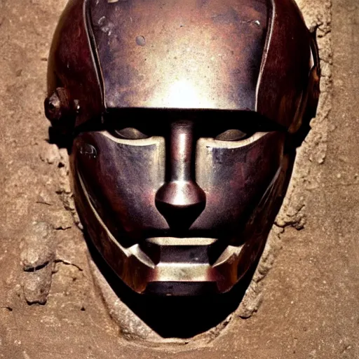 Image similar to an extremely ancient ironman bust that is tarnished and covered in sediment from uncovered earth expedition, rare photograph, smithsonian,
