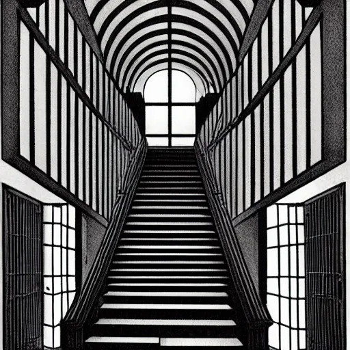 Image similar to a dark hallway with many doors and many stairs, Mc Escher architecture, epic composition, by Junji Ito