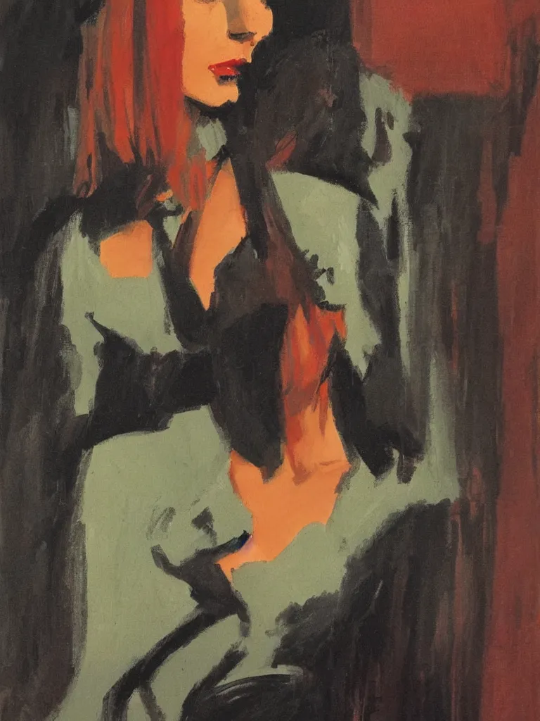 Image similar to portrait profile of one mysterious dark beautiful women in 1 9 7 8, oil painting by john watkiss