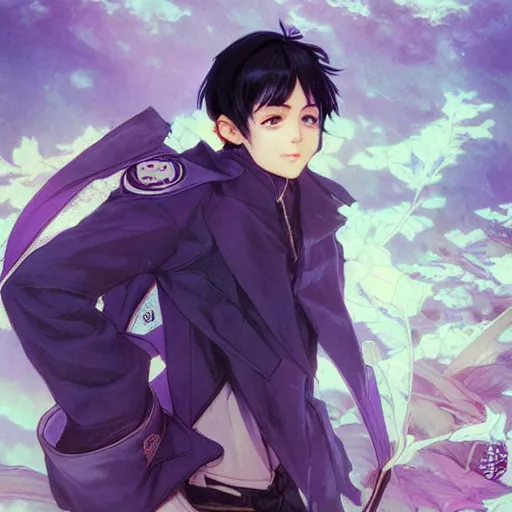 Image similar to small boy with black hair and blue purple eye, school uniform, anime style, hyper detailed, illustration, digital painting, art by artgerm and greg rutkowski and alphonse mucha, high delicate defined details, anime stylized, highly detailed, realistic, sharp focus