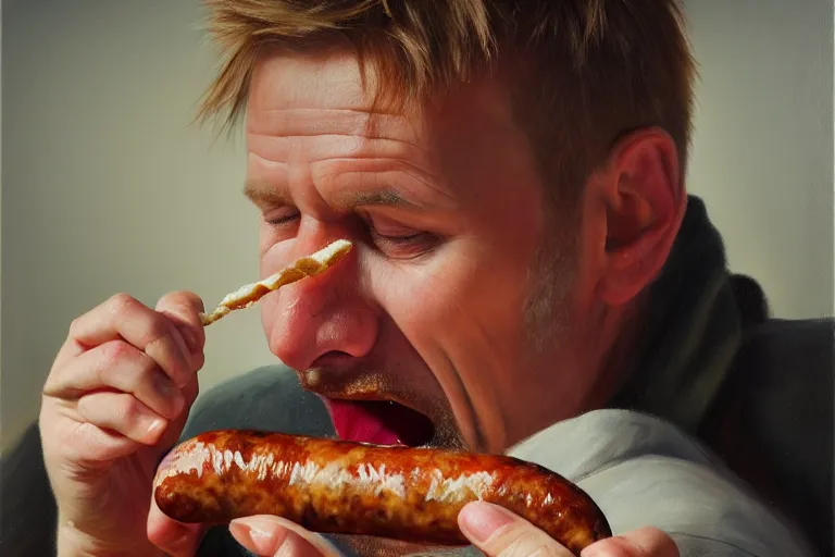 Image similar to ( ( a beautiful 8 k photorealistic masterpiece oil painting ) ( of ( a finnish man eating a sausage in seinajoki ) ) ) ( hyperrealism ) ( 1 6 k ) ( trending on artstation )