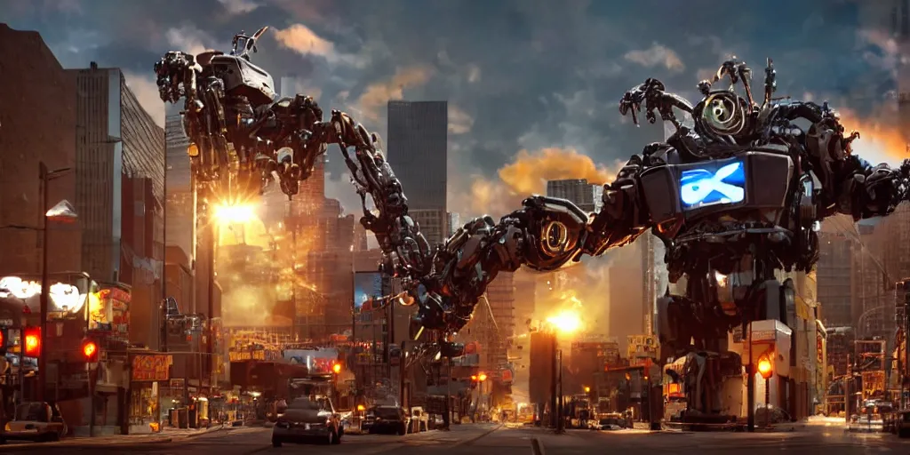 Image similar to a blockbuster style movie frame of a giant mechanical robot pig destroying pittsburgh