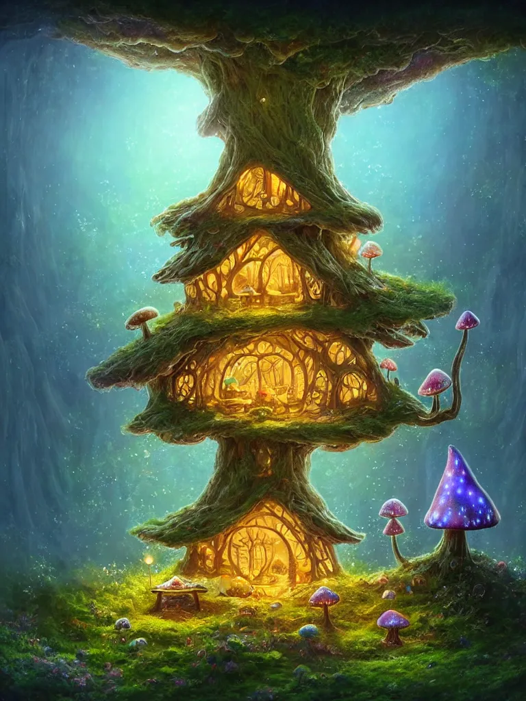 Image similar to the interior of a celestial dainty fairy cottage in a bioluminescent tree trunk decorated beautifully, lots of cute fairy design elements like toadstool mushrooms, warm sunlight shining in, lots of plants and flowers, concept art 8 k resolution, fantasy illustration, sharp focus, detailed painting, intricate, and deep color, by gediminas pranckevicius