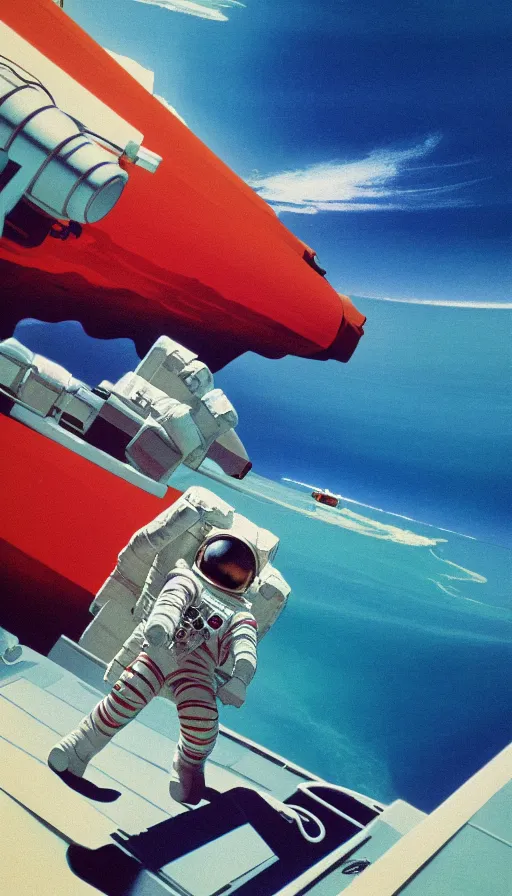 Image similar to astronaut in ocean drowning high noon red water rendered in octane by syd mead