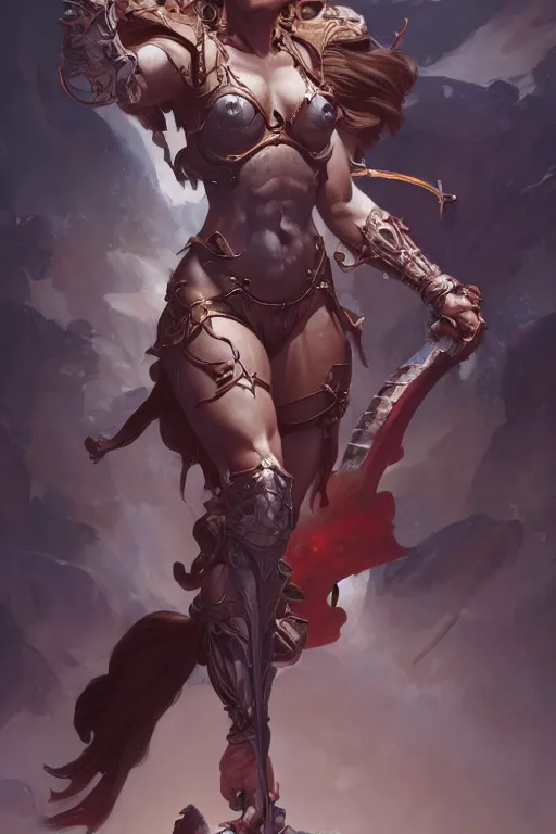 Image similar to goddess of war accurate anatomy, only two hands, highly detailed, digital painting, artstation, concept art, smooth, sharp focus, illustration, Unreal Engine 5, 8K, art by Ross Tran and greg rutkowski and alphonse Mucha and Frank Frazetta