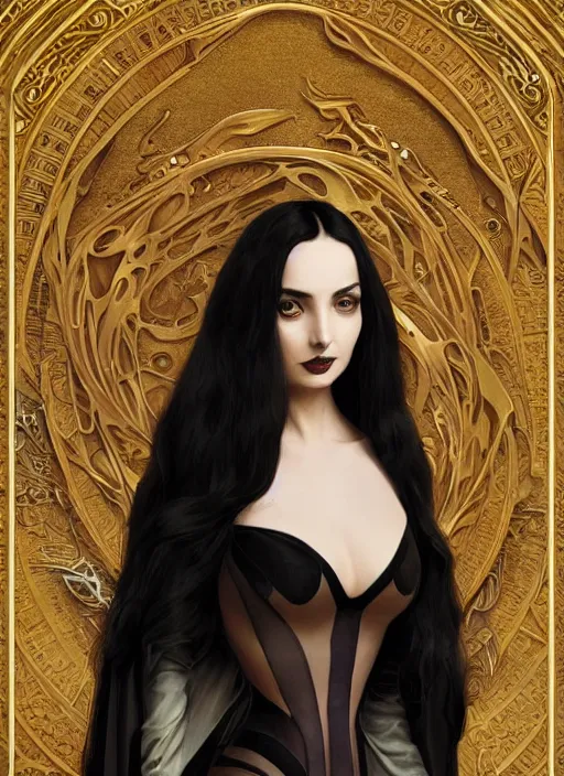 Image similar to ana de armas as morticia addams, masterpiece, intricate, elegant, highly detailed, digital painting, artstation, concept art, smooth, sharp focus, illustration, art by artgerm and greg rutkowski and alphonse mucha and uang guangjian and gil elvgren and sachin teng, symmetry!!