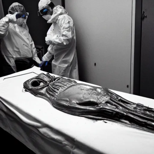 Image similar to photo of an alien autopsy, black and white, wide angle