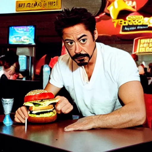 Prompt: tony stark eating a cheeseburger