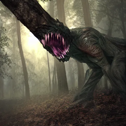 Prompt: photorealistic terrifying fantasy monster lurking in the woods, dynamic lighting, hyper realistic, 8K, realism