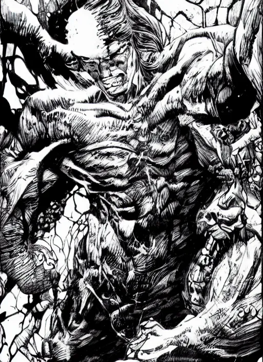 Image similar to man, black white ink art, comic art, high detail, bernie wrightson art, jimlee, petruk, gareng