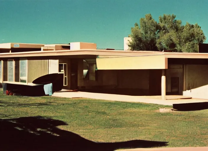 Prompt: a midcentury modern motel in santa fe new mexico in the year 1 9 6 7