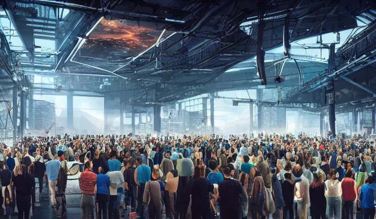 Image similar to large group people in open warehouse, looking at hologram of futuristic city on a table, cinematic concept art, godrays, godrays, golden hour, natural sunlight, 4 k, clear details, tabletop model buildings, center model buildings, hologram center, crane shot, crane shot, crane shot