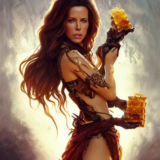 Image similar to Kate Beckinsale covered in honey eating fork, D&D, fantasy, intricate, elegant, highly detailed, digital painting, artstation, concept art, matte, sharp focus, illustration, hearthstone, art by Artgerm and Greg Rutkowski and Alphonse Mucha