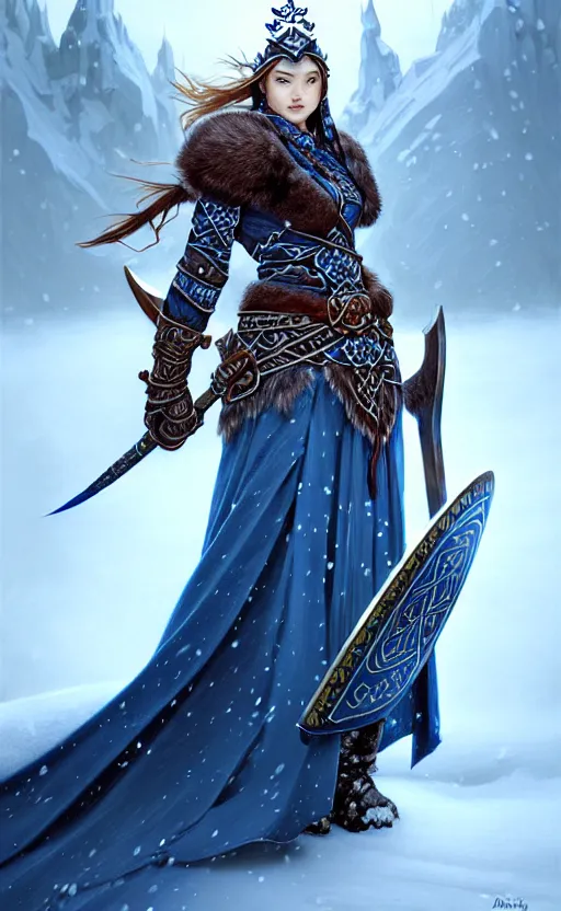 Image similar to azure viking warrior, regal, elegant, winter, snow, beautiful, stunning, hd, illustration, epic, d & d, fantasy, intricate, elegant, highly detailed, wide angle, digital painting, artstation, concept art, smooth, sharp focus, illustration, wallpaper, art by artgerm and greg rutkowski and alphonse mucha and jin xiaodi