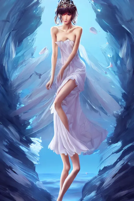 Image similar to a beautiful fashion goddness of love, chic strapless dress, tropical sea background, character design, in the style of artgerm, and wlop, cinematic lighting, hyperdetailed, 8 k realistic, symmetrical, global illumination, radiant light, frostbite 3 engine, cryengine, dof, trending on artstation, digital art