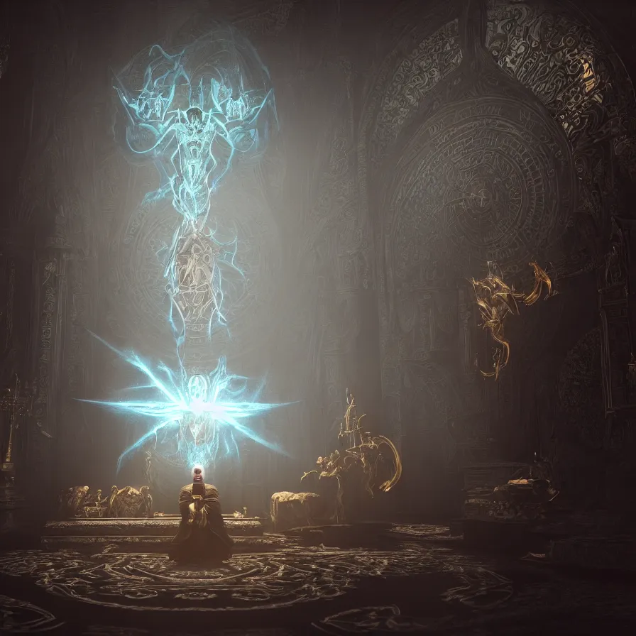 Prompt: an occult priest performs demonic ritual with magic and a glowing sigil in a fantastic temple, volumetric lighting, magical lighting, raytracing, dynamic lights and shadows, photorealistic render, digital art, wallpaper, octane, redshift, hyperdetailed, intricate details