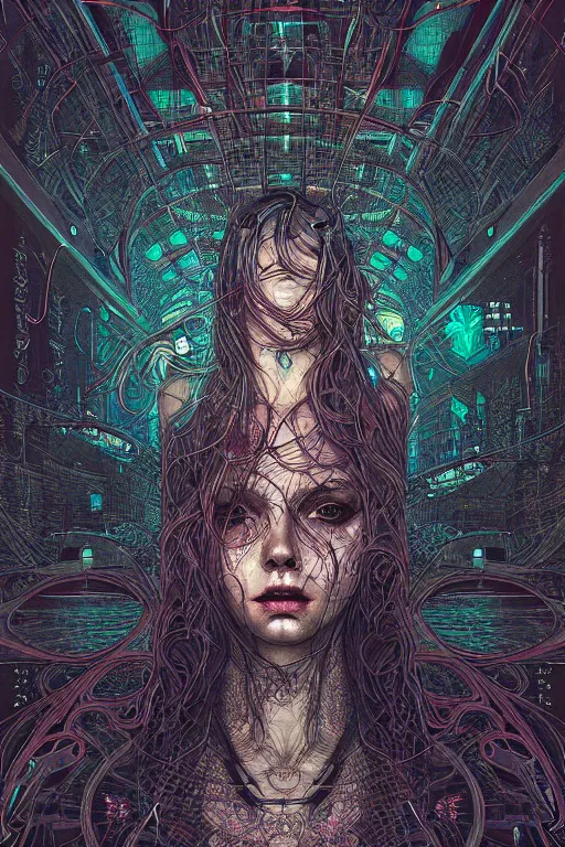 Image similar to dreamy cyberpunk girl, abstract mirrors, digital nodes, beautiful woman, detailed acrylic, grunge, intricate complexity, by dan mumford and by alberto giacometti, arthur rackham