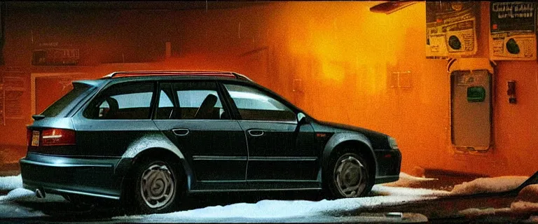 Image similar to Audi A4 B6 Avant (2002), a gritty neo-noir, dramatic lighting, cinematic, eerie person, death, homicide, homicide in the snow, viscera splattered all over the car, gunshots, establishing shot, extremely high detail, photorealistic, arson, burning city, cinematic lighting, artstation, by simon stalenhag, Max Payne (PC) (2001) winter New York at night, In the style of Max Payne 1 graphic novel, flashing lights, Poets of the Fall - Late Goodbye