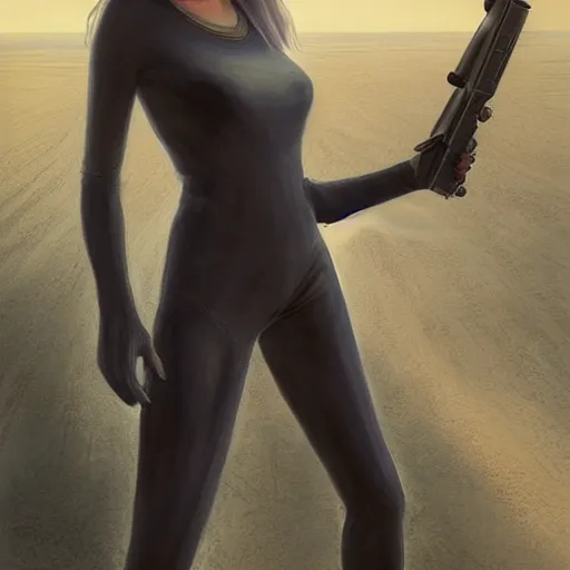 Image similar to pleiadian woman with big eyes and long silver hair wearing a dark body suit and holding a plasma gun standing in barren fields, sci fi portrait art by greg rutkowski