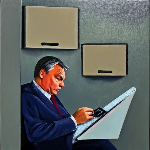 Image similar to viktor orban reading the news on a laptop in a cubicle, oil painting