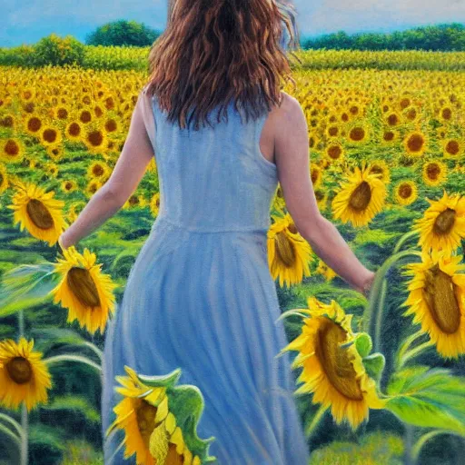 Image similar to a girl slowly walking through amazing tall sunflower field, her hair flowing down, subtle, intricate details, real masterpiece, oil on canvas, by somsak anong